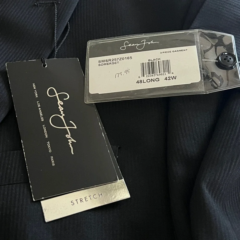 Sean John Suit Coat Pants 2 pc 48L 42W Black Stretch Raw Hem Legs Altered Wide